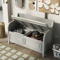 Storage Bench with Hidden Storage Space, Shoe Bench with Backrest and Removable Upholstered Cushion, Solid Wood Entryway Bench for Entryway Living Room Bedroom, Gray Wash + Beige