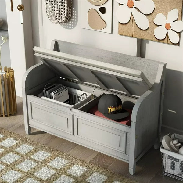 Storage Bench with Hidden Storage Space, Shoe Bench with Backrest and Removable Upholstered Cushion, Solid Wood Entryway Bench for Entryway Living Room Bedroom, Gray Wash + Beige