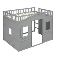 Full Size Loft Bed with Windows and Door, Solid Wood Loft Bed Frame with Ladder and Safety Guardrails House Loft Bed for Kids Boys Girls, No Box Spring Needed, Gray