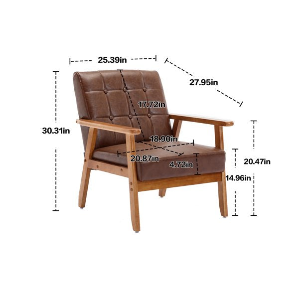 Accent Chair Mid-Century Modern PU Armchair with Solid Wood Armrest and Feet Comfy Leisure Chair Single Sofa Chair Lounge Chair for Living Room Bedroom Studio, Brown