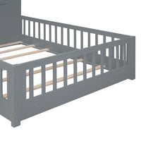 Full Floor Bed for Kids, Wood Montessori Floor Bed with Rails and Bedside Drawers,Floor Bed Frame with Shelves and a Set of Sockets and USB Port,Gray