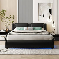 Full Bed Frame with LED Light, Upholstered Full Size Platform Bed Frame with Headboard, Modern Faux Leather Full Wave Like Curve Low Profile Bed Frame with Durable Wooden Slats Support, Black