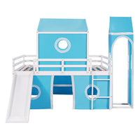 Full Size House Bunk Bed with Slide and Tent, Wood Bunk Bed Frame with Tower and Roof, Castle-Shaped Bunk Bed for Kids Boys Girls Bedroom