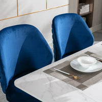 Set of 2 Velvet Dining Chair, Mid Century Velvet Upholstered Accent Chairs with Barrel Backrest and Ring Pull, Modern Side Chairs with Gold Metal Legs for Dining Room Living Room Bedroom, Blue