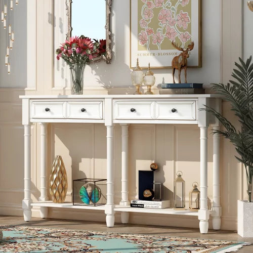58" Console Table with Two Drawers and Bottom Shelf, Farmhouse Long Sofa Table with Solid Wood Legs, Storage Cabinet Sideboard Table for Entryway Living Room Hallway, Easy Assembly, Ivory