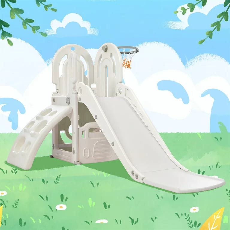 4 in 1 Toddler Slide and Climb Set, Kids Playground Climber Slide Playset with Basketball Hoop and Bus Steering Play Freestanding Combination, Indoor & Outdoor Toys for Kids Teens Boys Girls, Gray
