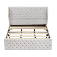 King Size Upholstered Platform Bed,Velvet Fabric Bed Frame with Button Tufted Headboard,Wingback Platform Bed with Wooden Slats,White