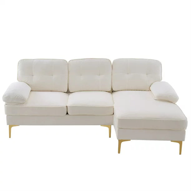 Convertible Sectional Sofa with Reversible Chaise, L-Shaped 3-Seater Sofa Couch with Metal Legs and Two Pillows, Modern Chenille Upholstered Corner Sectional Sofa for Living Room Apartment, Beige
