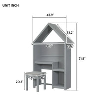 House-Shaped Desk with Cushion Stool, Wooden Desk and Chair Set with Roof and a Stepped Desk Surface, Kid's Reading Writing Desk Set for Bedroom Study Room