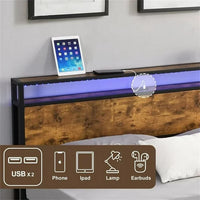 Full Size Bed Frame with LED Lights and 2 USB Ports, Industrial Metal Platform Bed with Wood Storage Headboard and 12" Under Bed Storage, Noise Free, No Box Spring Needed, Rustic Brown