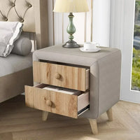 Storage Nightstand with 2 Drawers and 2 Round Handles, Linen Upholstered Wooden Bedside Table with 4 Legs, Storage Nightstand for Bedroom Living Room, Beige