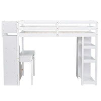 Twin Size Loft Bed with Desk and Storage Stairs, Solid Wood Loft Bed Frame with Drawers and Shelves Functional Loft Bed with Full-length Guardrail for Kids Adults, No Box Spring Needed, White