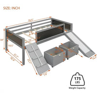 Low Loft Bed with Slide and Two Storage Boxes, Chalkboard, Wood Twin Size Loft Bed with Climbing Frame and Rope (Gray, Loft Bed)