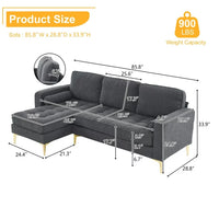 85" Boucle Yarn Fabric Sectional Sofa Couch with Reversible Chaise, L-Shape Couch with Bolster Pillows and Metal Legs, Convertible Sofa for Living Room Apartment Small Space, Dark Grey