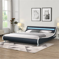 King Size Platform Bed with LED Light Headboard, Faux Leather Upholstered Platform Bed Frame with Curve Design and Wood Slat Support, No Box Spring Needed, Easy Assemble, Black White