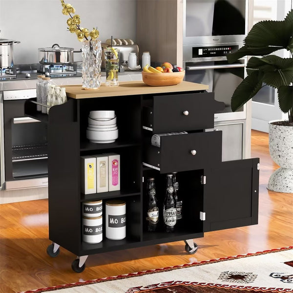 Kitchen Island on Wheels, Portable Kitchen Cart with 1 Storage Cabient, 2 Drawers and 3 Open Shelves, Rolling Kitchen Island with Lockable Rollers, Towel Holder and Spice Rack, Black
