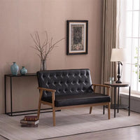 Loveseat Sofa, Mid-Century Sofa Couch for 2, Wooden Loveseat Sofa Modern Upholstered Loveseat Sofa Living Room 2-Seater Lounge Accent Chair, PU-Black