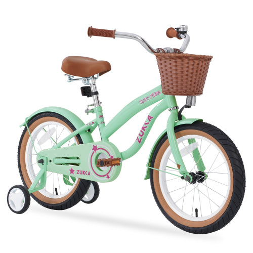 Kids Bike, 16 Inch Girls Bike with Basket for Ages 4-7 Years, Kids' Bicycles with Handbrake, Kickstand, Training Wheels, Mint Green
