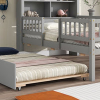 Twin Bed Frame with Fence Railings and Trundle, Wood Twin Size Platform with House Shaped Storage Headboard for Boys Girls, Montessori Safety Guardrails Design, No Box Spring Needed, Gray