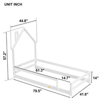Twin Size Floor Bed Wooden Montessori Floor Bed with House-Shaped Headboard and Fence Guardrails Twin Bed Frame for Girls and Boys, No Weight Limit, White