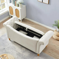 Velvet Storage Sofa with 2 Pillows, 63" End of Bed Couch Bench with Buttons Tufted and Nailhead Trimmed, Rolled Arm Loveseat for Bedroom, Living Room, Beige