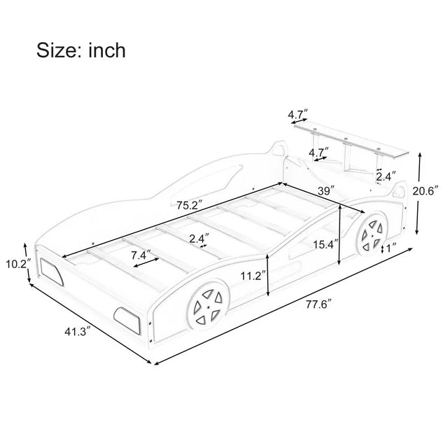 Twin Size Wooden Race Car Bed,Modern Car-Shaped Platform Twin Bed with Wheels, Storage Headboard, Sport Car Shaped Bed Frame For Teens, Red & Yellow
