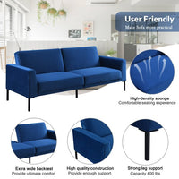 Velvet Upholstered Modern Convertible Folding Futon Sofa Bed for Compact Living Space, Apartment, Dorm, Blue
