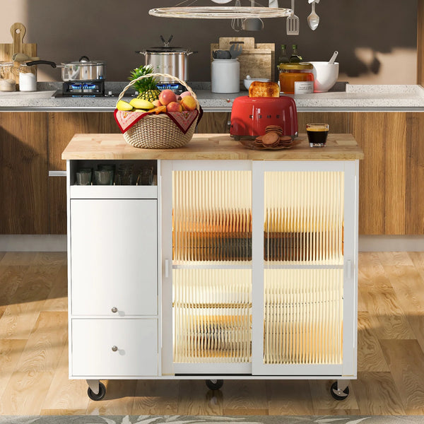Kitchen Island with Drop Leaf, Modern LED Light Kitchen Cart on Wheels with 2 Fluted Glass Doors and 1 Flip Cabinet Door, 44" Large Kitchen Island Cart with an Adjustable Shelf and 2 Drawers, White
