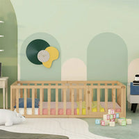 Twin Size Floor Bed, Solid Wood Floor Platform Bed Frame with Fence and Fun Small Door, Multifunctional Daybed with Safety Guardrail, Headboard & Footboard for Boys Girls, Box Spring Needed, Natural