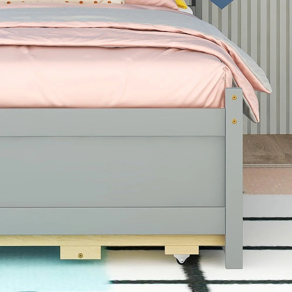Twin Size LED Bed Frame, Platform Bed with Built-in USB ,Type-C Ports, LED light, Trundle and 3 Storage Drawers, Wood Platform Bed with Bookcase Headboard for Bedroom, No Box Spring Needed, Grey