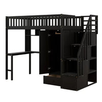 Twin Size Loft Bed with Desk and Storage Stairs, Multifunctional Loft Bed with Bookshelf, Drawers and Wardrobe, Wood Loft Bed Frame with Fence Shaped Guardrails, No Box Spring Needed, Expresso