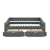 Queen Size Daybed with 2 Drawers, Upholstered Tufted Sofa Bed Frame with Wood Slats Support & Button Back & Copper Nailed Armrests, for Bedroom, Living Room, No Box Spring Needed, Gray