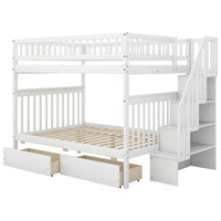 Full over Full Bunk Bed with Two Drawers and Storage, Multifunction Wood Bunk Bed with Staircase, Storage Shelves and Safety Guardrail, No Box Spring Needed, White
