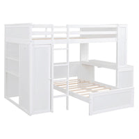 Full Size Loft Bed, Wood Loft Bed with Desk and Stand-Alone Bed, Bunk Bed with Storage Shelves and Wardrobe, Loft Bed Frame for Teens Boys & Girls, White