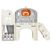 7 IN 1 Kids Slide Playset Structure, Freestanding Castle Climbing Crawling Playhouse with Slide and Arch Tunnel, Toy Storage Organizer with Ring Toss and Basketball Hoop for Toddlers Kids, Gray