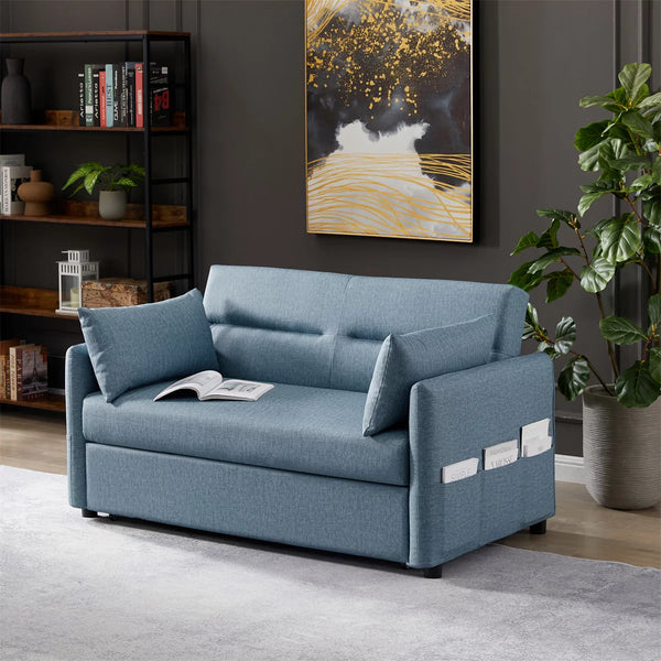 Convertible Sleeper Sofa,Leather Loveseat Sleeper Pull Out Sofa Bed Convertible Sofa Sleeper with Adjustable Backrest,2 Pillows,Side Pockets,Multi-Function Loveseat Couch for Living Room Office,Blue