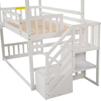Twin Over Twin Bunk Bed with Convertible Slide,Solid Wood Bunk Bed Frame with Storage Staircase,Playhouse Design Bunk Bed for Boys and Girls,Easy Assembly,White