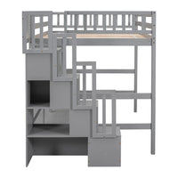 Full Size Loft Bed with Built-in Desk and Bookshelves, Wooden Bed Frame with Storage Staircase and Full-length Guardrail for Kids Teens Adults Bedroom, No Box Spring Needed, Gray