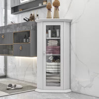 Bathroom Cabinet with Glass Door, Corner Storage Cabinet with 1 Fixed Shelf and 2 Removable Shelves, MDF Board with Painted Finish Freestanding Cabinet for Bathroom Living Room and Kitchen, White