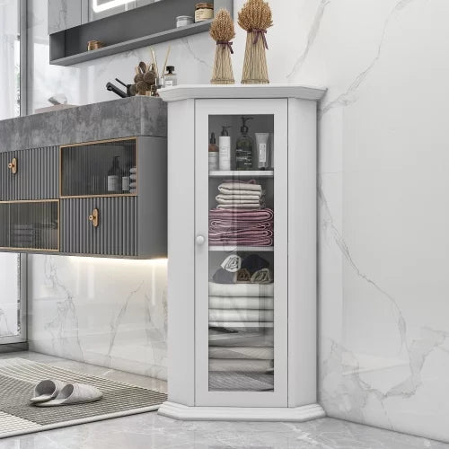 Bathroom Cabinet with Glass Door, Corner Storage Cabinet with 1 Fixed Shelf and 2 Removable Shelves, MDF Board with Painted Finish Freestanding Cabinet for Bathroom Living Room and Kitchen, White