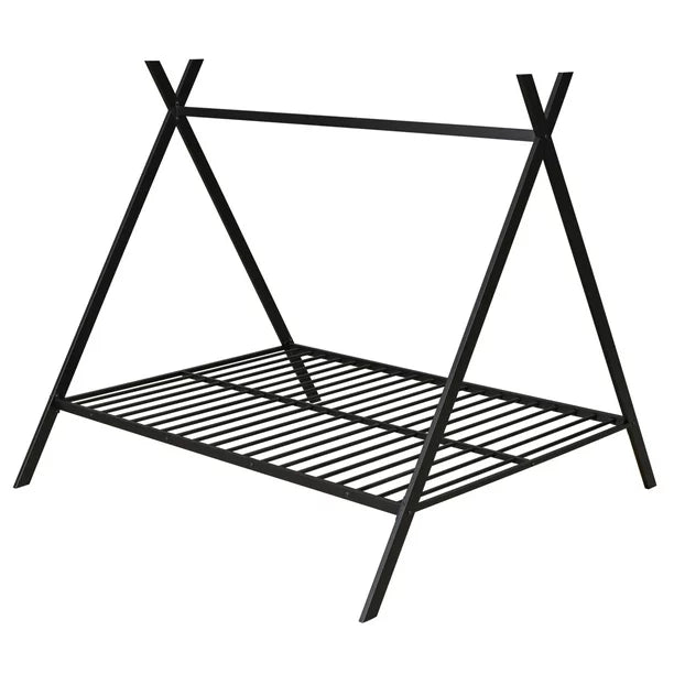 House Bed Tent Bed for Kids, Full Size Metal Teepee Bed with Strong Tenon Structure and 20 Slats Support Montessori Bed Frame for Bedroom, Can Be Decorated, No Box Spring Needed, Black