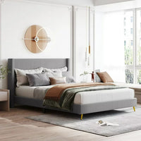 Queen Platform Bed Frame, Modern Upholstered Bed with Tufted Backrest and 2 Metal Legs, Corduroy Low Bed with Slats Support for Bedroom,Apartment, Easy Assembly,No Box Spring Needed, Gray
