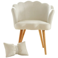 Modern Velvet Accent Chair, Shell-Shaped Chair with Bowknot Waist Pillow, Wooden Foot, Casual Lotus Armchair for Living Room/Bedroom/Apartment, Beige