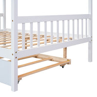 Full Size House Bed Frame with Twin Size Trundle, Wooden Daybed with Headboard and Roof, House-Shaped Platform Bed Frame with Slats Support for Teens Boys Girls, Can be Decorated, White