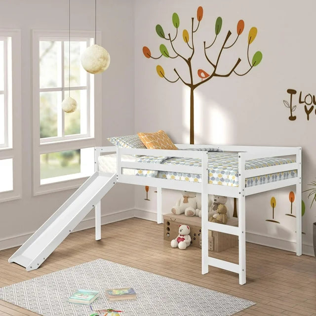 Solid Wood Twin Size Low Bunk Bed with Slide and Ladder, Mini Slide Loft Bed for Kids, Multifunctional Design, 78.2"L x 82.6"W x 44.4"H, White