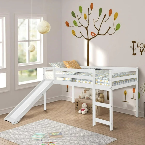 Solid Wood Twin Size Low Bunk Bed with Slide and Ladder, Mini Slide Loft Bed for Kids, Multifunctional Design, 78.2"L x 82.6"W x 44.4"H, White