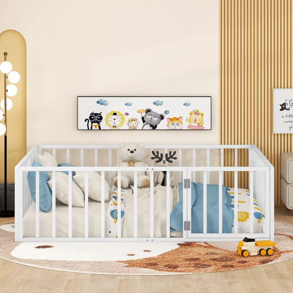 Full Size Floor Bed for Kids and Toddlers, Metal Montessori Floor Bed with 21.7" High Full-Length Fence and Door, Safety Montessori Bed Frame for Kids Girls and Boys, No Slats Supports, White