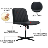 Cross Legged Office Chair No Wheels, PU Leather Criss Cross Desk Chair Wide Seat with Swivel, Adjustable and Rocking, Armless Vanity Chair Task Chair for Living Room Bedroom, Black PU