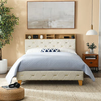Wood Low Platform Bed Frame Full Size with Upholstered Headboard Storage Shelf Outlet USB Ports, 600lbs Load Fit 8''-10" mattress, Beige