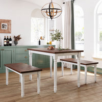 Dining Table Set,3-Piece Dining Table & Bench Set for 4,Solid Wood Kitchen Table with 2 Benches,Modern Dining Table Set Breakfast Nook Kitchen Table Set Kitchen Small Bench Table Set,Cherry+White